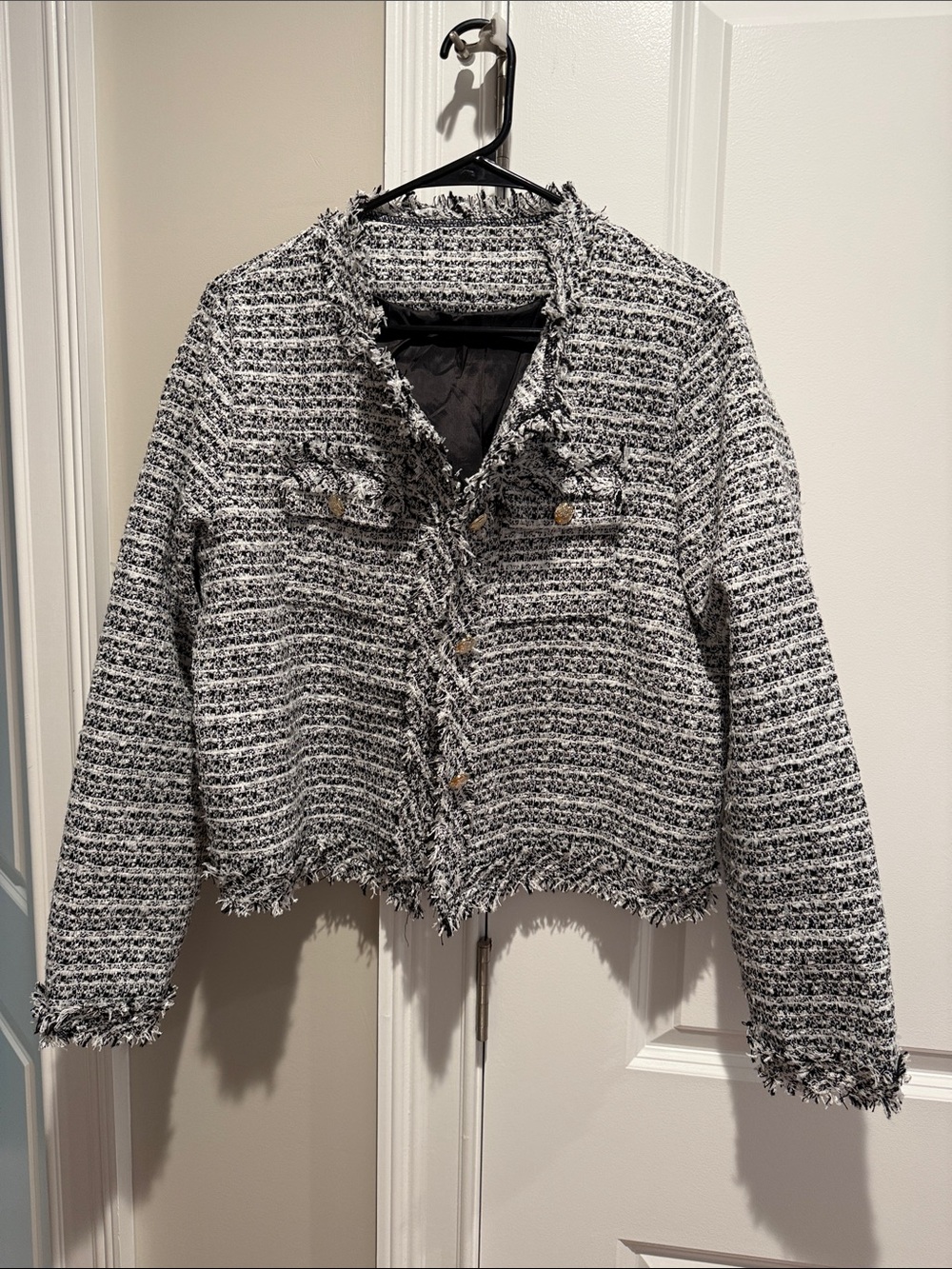 Black & White Frayed Tweed Cropped Blazer